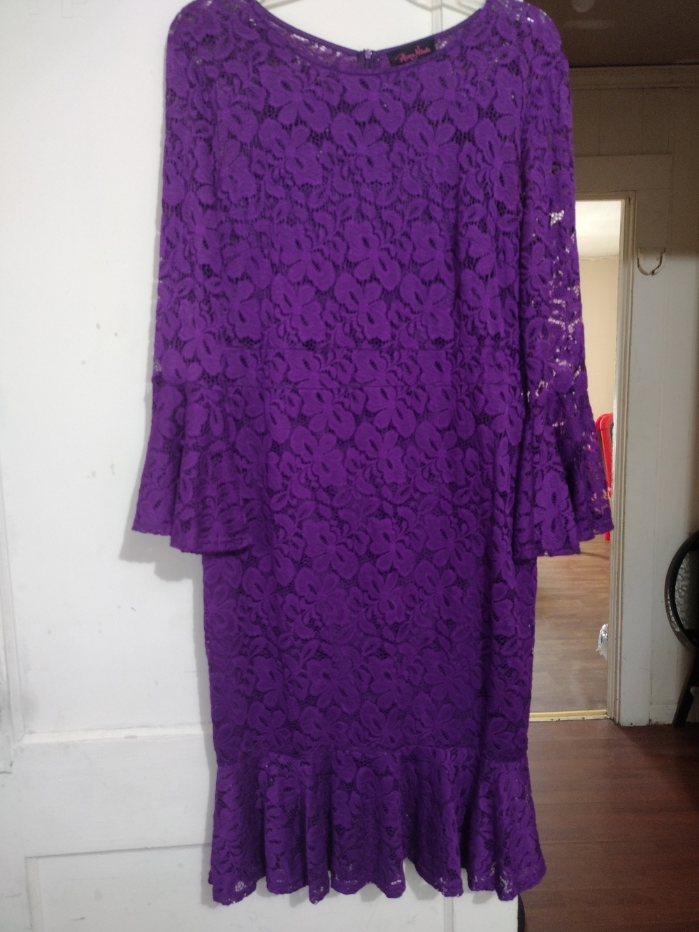 SHEIN Purple Floral Lace Midi Dress with Ruffled Hem